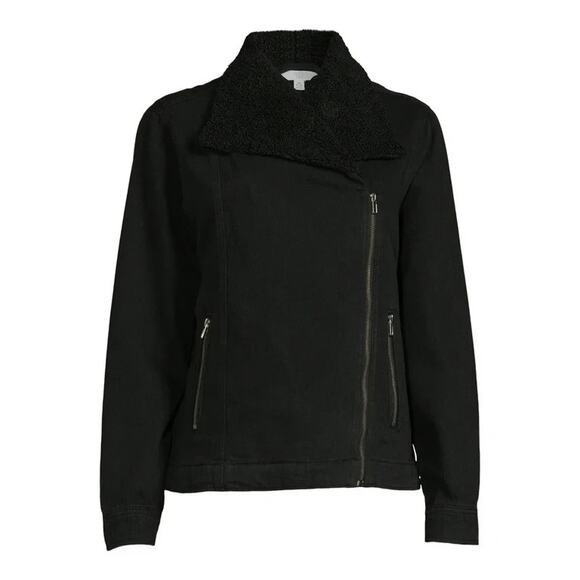 Time and Tru Black Denim Moto Jacket Sz Large 12/14 Sherpa Lined Full Zip Warm - Picture 3 of 9